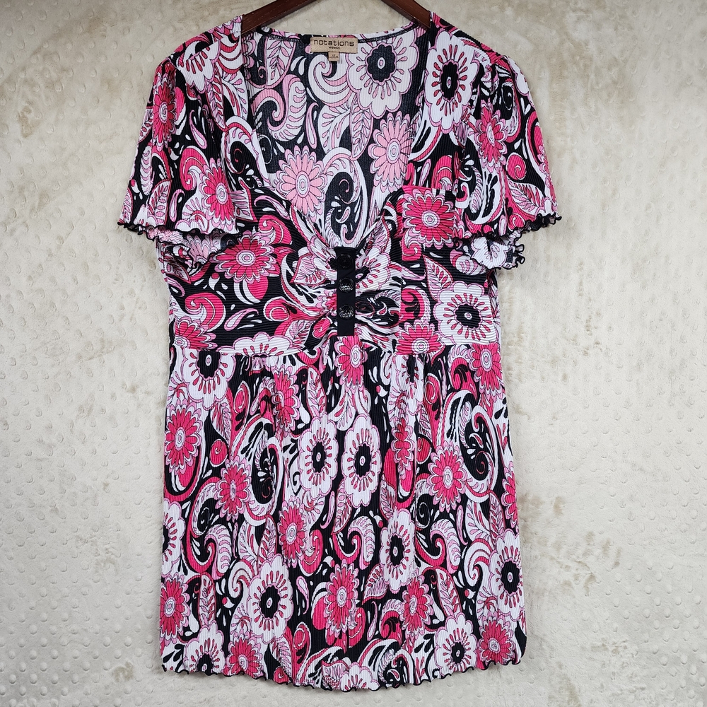Y2K Notations Babydoll Pink and Black Floral Blouse Ruffle Sleeve Plus Size 1X